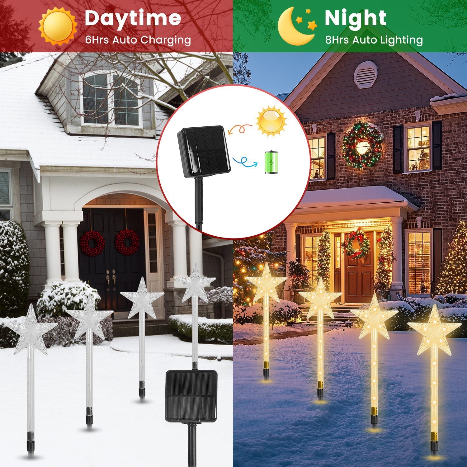 8Pack Christmas Solar Stake Light 64LED Beads Star Shaped Pathway Lights With 8 Lighting Modes IP64 Waterproof Xmas Decoration For Garden Patio Yard Porch Driveway