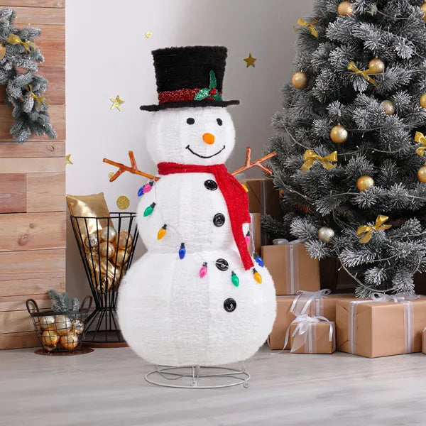 4FT Lighted Snowman Christmas Yard Decorations, Pre-lit Pull Up Snowman With 100 White LEDs, Multi-color Light String And Stakes For Xmas Outdoor Holiday Indoor Decor Lighted Holiday Displays