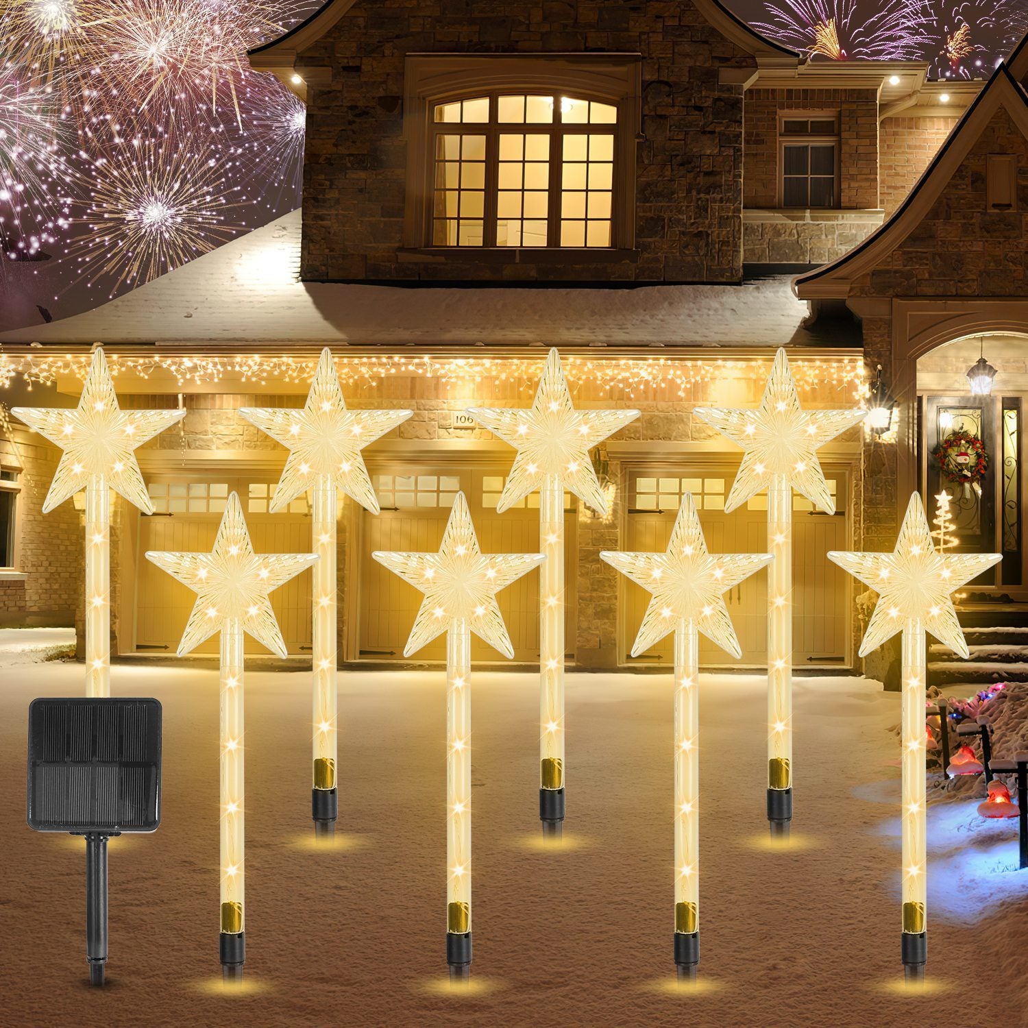 8Pack Christmas Solar Stake Light 64LED Beads Star Shaped Pathway Lights With 8 Lighting Modes IP64 Waterproof Xmas Decoration For Garden Patio Yard Porch Driveway