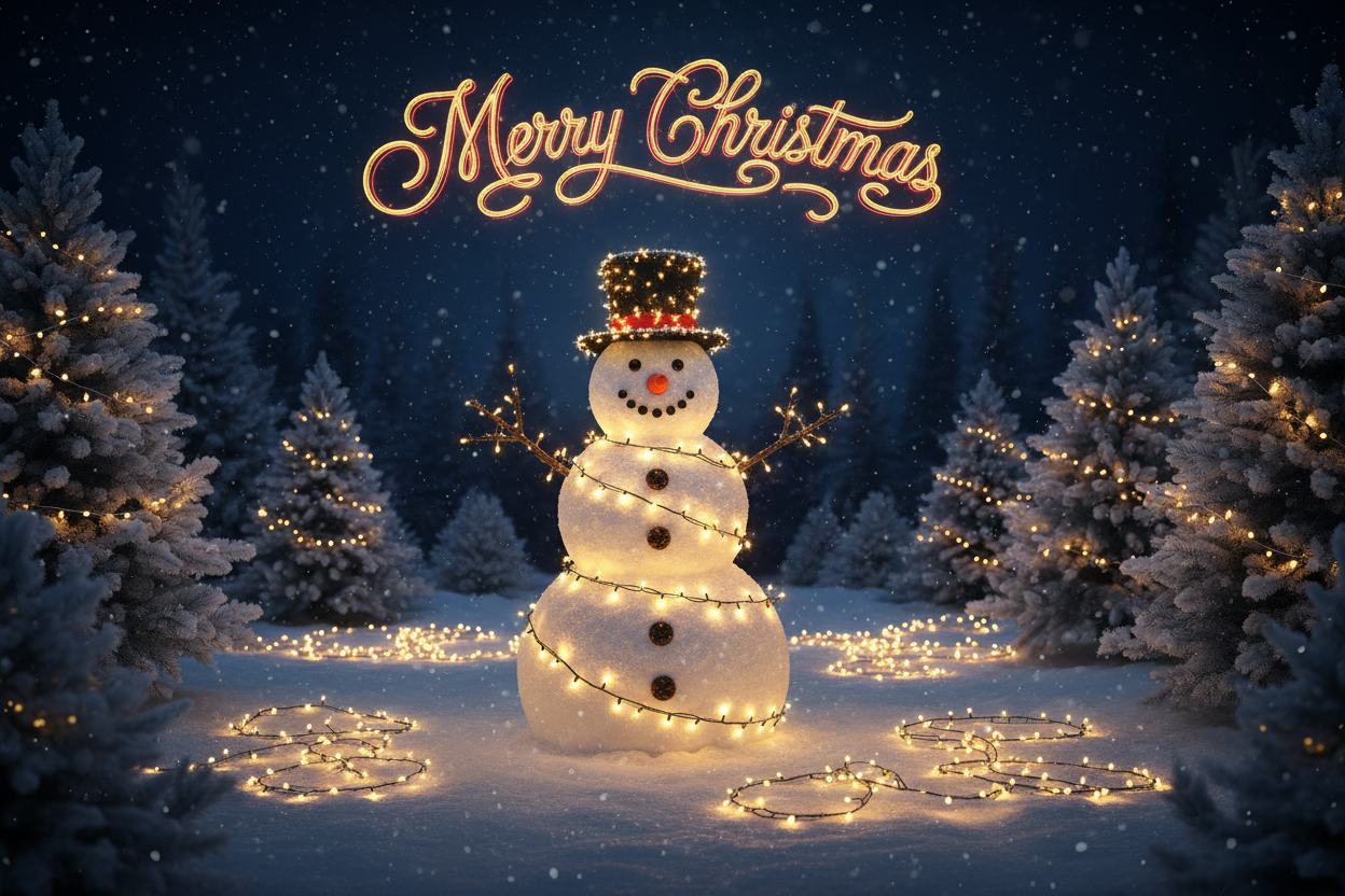make a Christmas snow man in the dark with lights surrounding it and make it saymerrychristmas on top of it